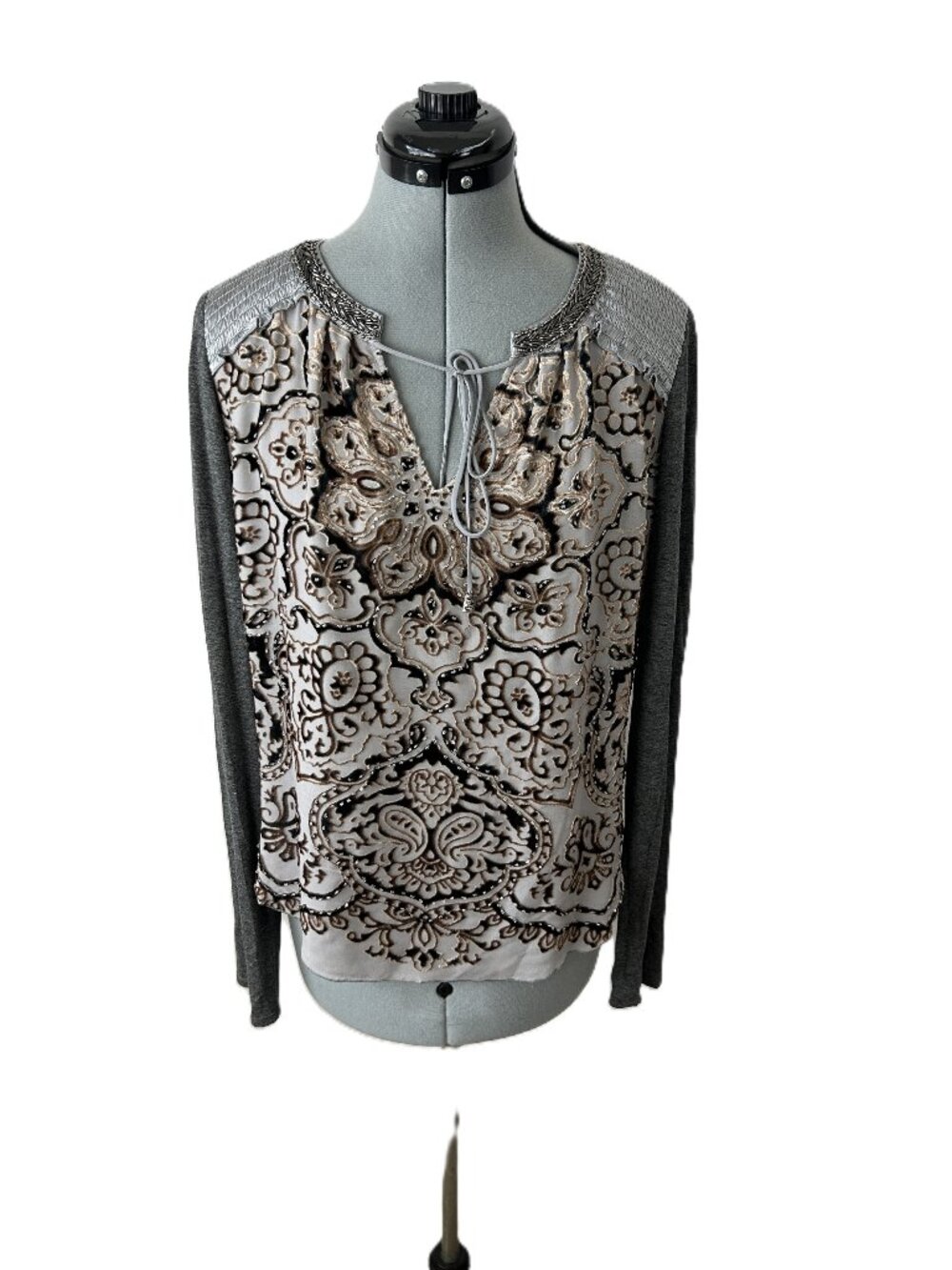 Hale Bob Velvet Burnout Beaded silk blend Top Brown Gray S Western Boho